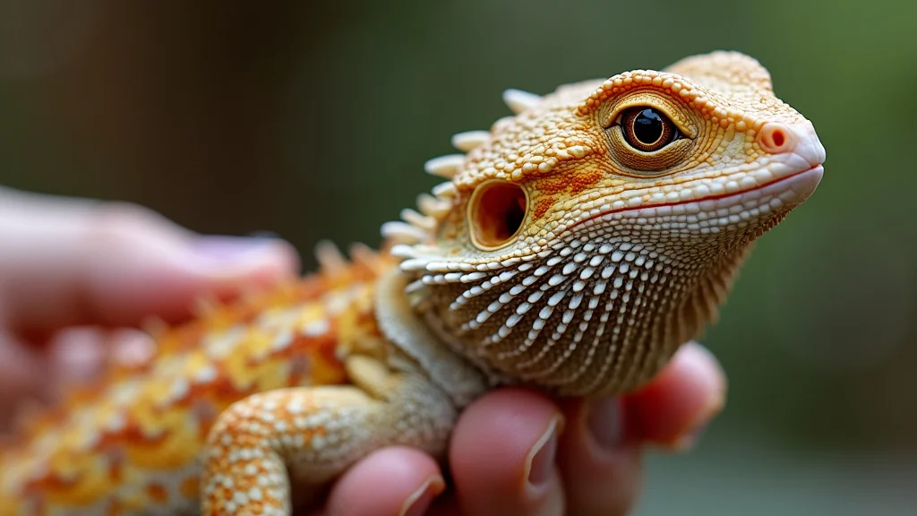 A close-up image of a bearded dragon being gently held by a hand. The reptile has a spiky, textured skin with a mix of orange, yellow, and brown colors. Its eyes are large and prominently featured, and its gaze is directed slightly upward.