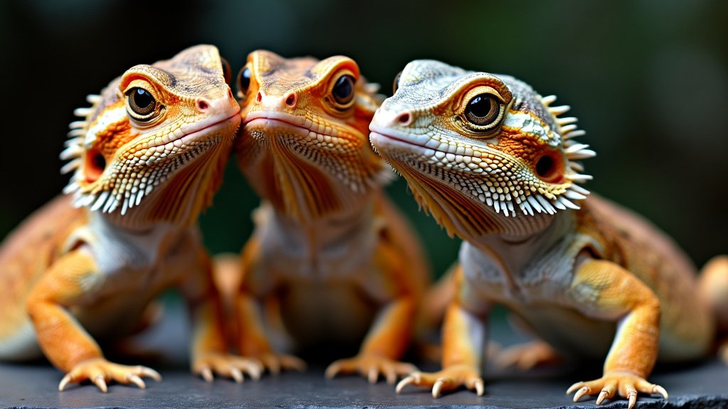 Three bearded dragons with vibrant orange and yellow scales sit closely together, facing the camera. Their detailed spiny necks and inquisitive expressions are prominently displayed against a blurred green background.