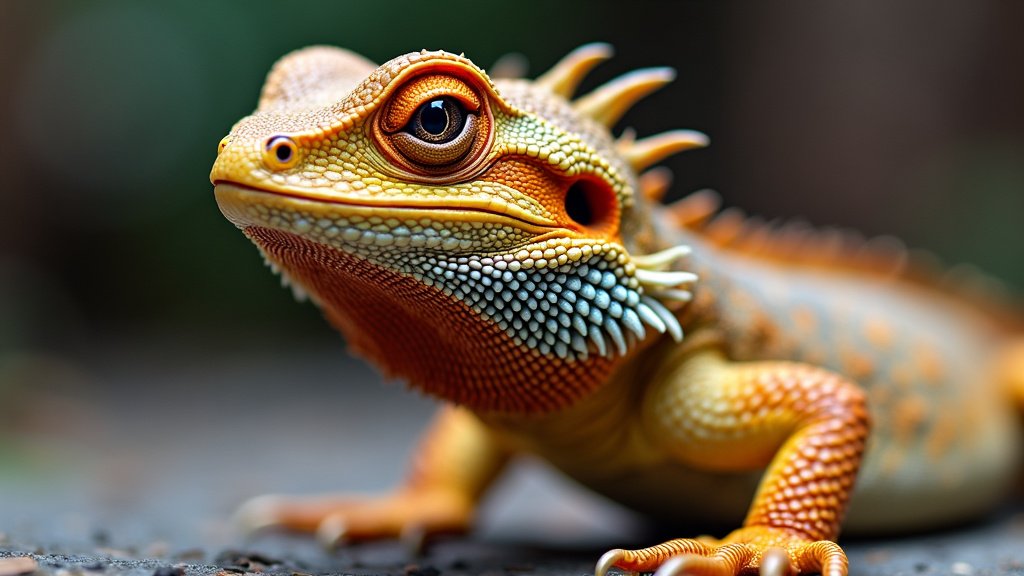 Close-up of a bearded dragon lizard with detailed, textured scales in vibrant shades of orange, yellow, and blue. The lizard's spiny ridges and expressive eyes are prominently visible, set against a blurred, natural background.