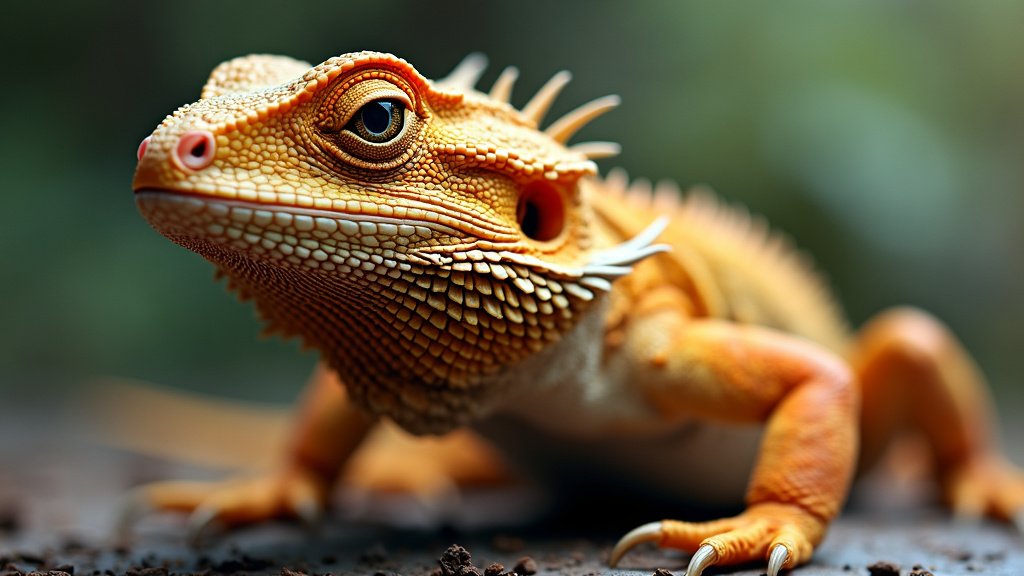 A close-up image of an orange bearded dragon lizard with detailed, textured scales and spiky protrusions along its head and body. The lizard is seen on a natural surface with a blurred green background, emphasizing its intricate features and alert expression.