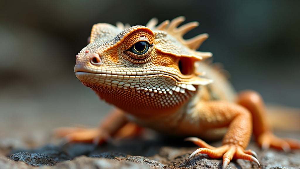 Close-up of a bearded dragon lizard with an orange and beige scaly skin and sharp spikes around its head. The lizard is on a rocky surface, looking slightly to its left with a focused expression. The background is blurred, highlighting the detailed texture of its skin.