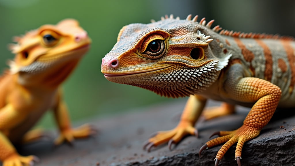 Two bearded dragons on a rock perch. One dragon, brightly colored in shades of orange and yellow, is in sharp focus with its detailed textured scales visible. The second dragon, also orange, is slightly blurred in the background with a green backdrop.