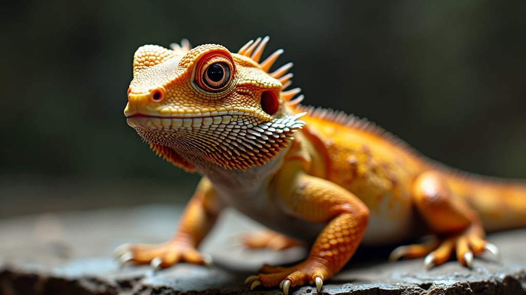 Close-up image of an orange and yellow bearded dragon lizard with spiked scales and textured skin. The lizard is perched on a rock with a blurred green and brown background, looking directly at the camera.