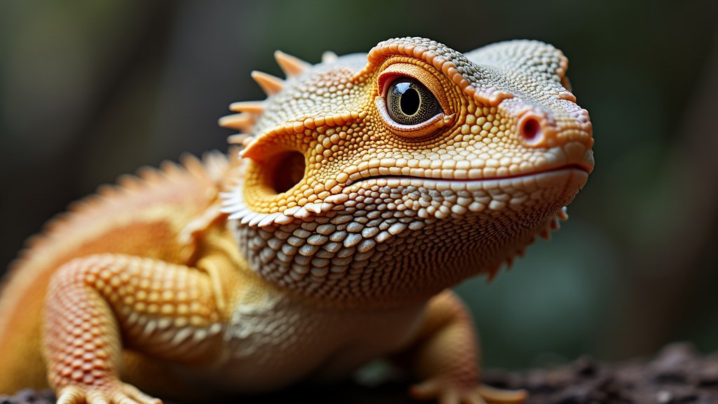 Close-up of an orange and yellow bearded dragon lizard with intricate scales and an alert expression. The lizard’s large eyes and textured skin are in sharp focus against a blurred natural background.