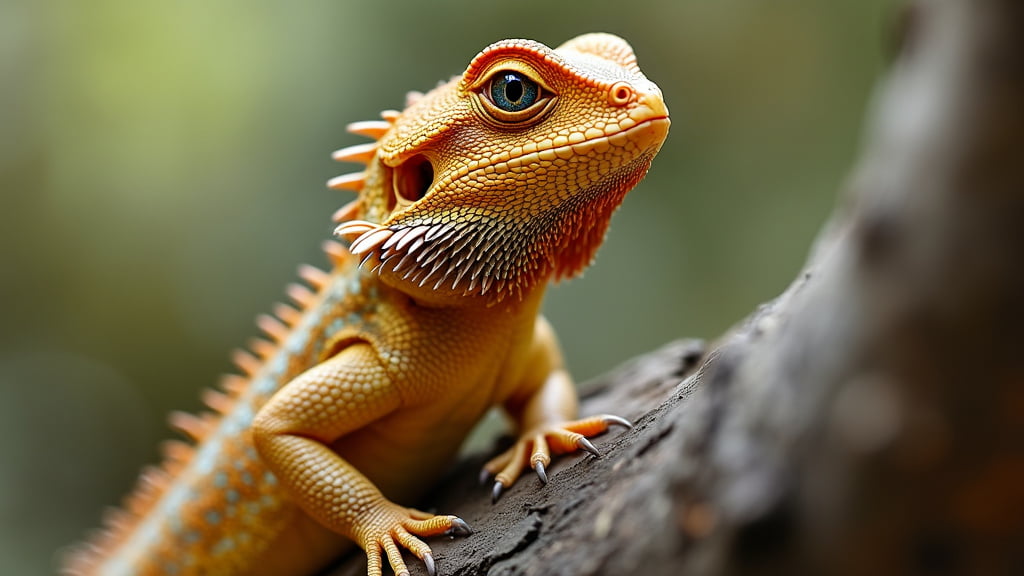 A close-up shot of a bearded dragon lizard perched on a tree branch. The lizard has a spiky, textured orange and yellow skin, with prominent eyes and a slightly open mouth, set against a blurred green background.