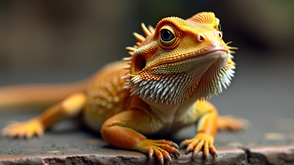 Close-up image of an orange bearded dragon lizard lying on a flat surface. The lizard's detailed scales, spiky beard, and intent gaze are sharply in focus, highlighting its textured skin and vibrant coloration. The background is blurred.