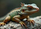 A close-up of a colorful lizard with textured skin, displaying a mix of green, orange, and brown hues. The lizard has prominent eyes, spiky protrusions on its head and back, and stands on a rocky surface with blurred background.