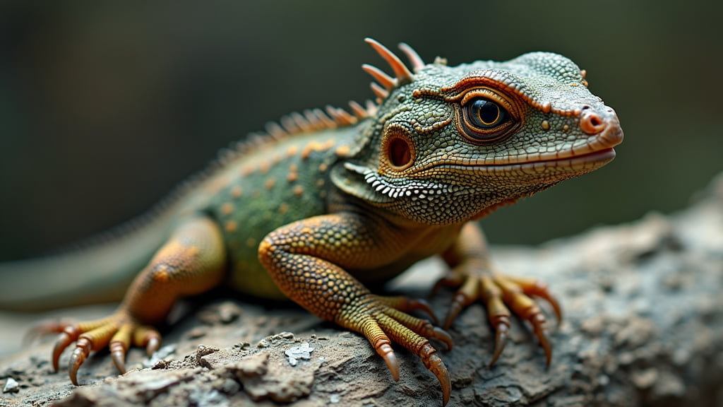 A close-up of a colorful lizard with textured skin, displaying a mix of green, orange, and brown hues. The lizard has prominent eyes, spiky protrusions on its head and back, and stands on a rocky surface with blurred background.