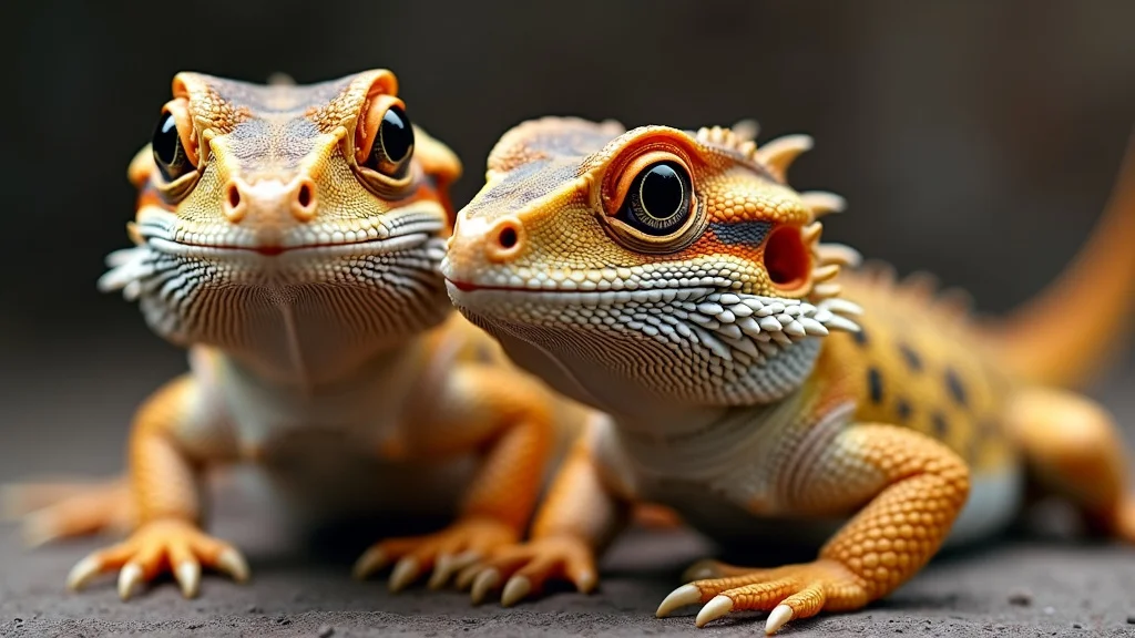 Close-up of two orange and yellow bearded dragons with black spots, sitting side by side on a gray surface. Their large, curious eyes and textured skin are clearly visible, creating a detailed and vibrant look. The background is blurred.