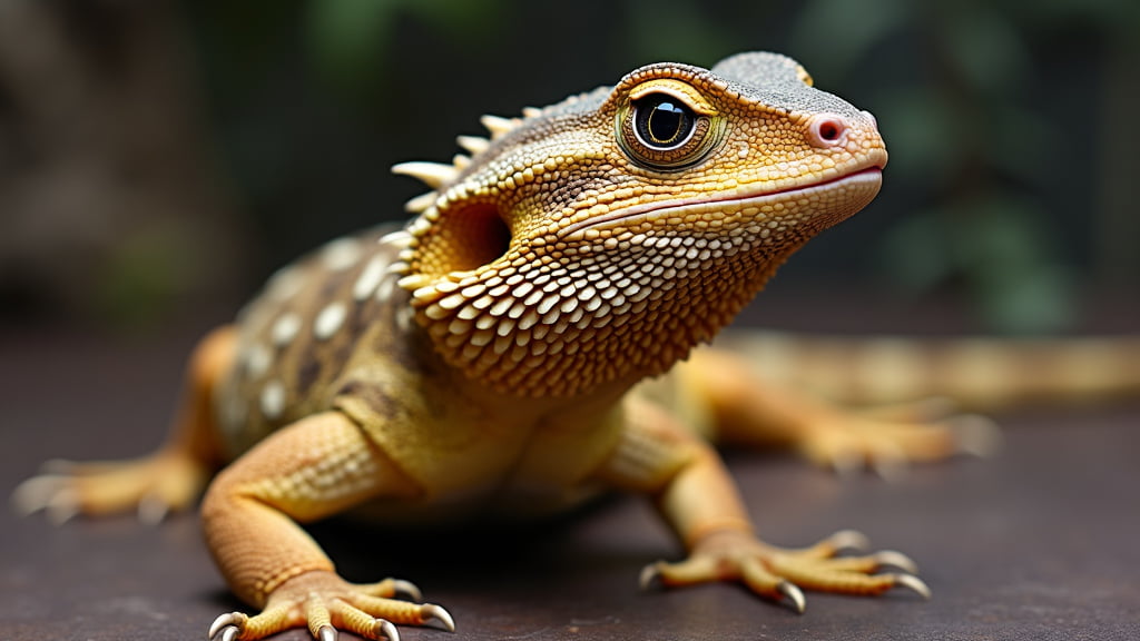 A close-up of a lizard with yellow and brown scales and prominent spines along its back. The lizard is looking into the distance with its wide eye, with a blurred green background. Its detailed texture and scales are clearly visible.