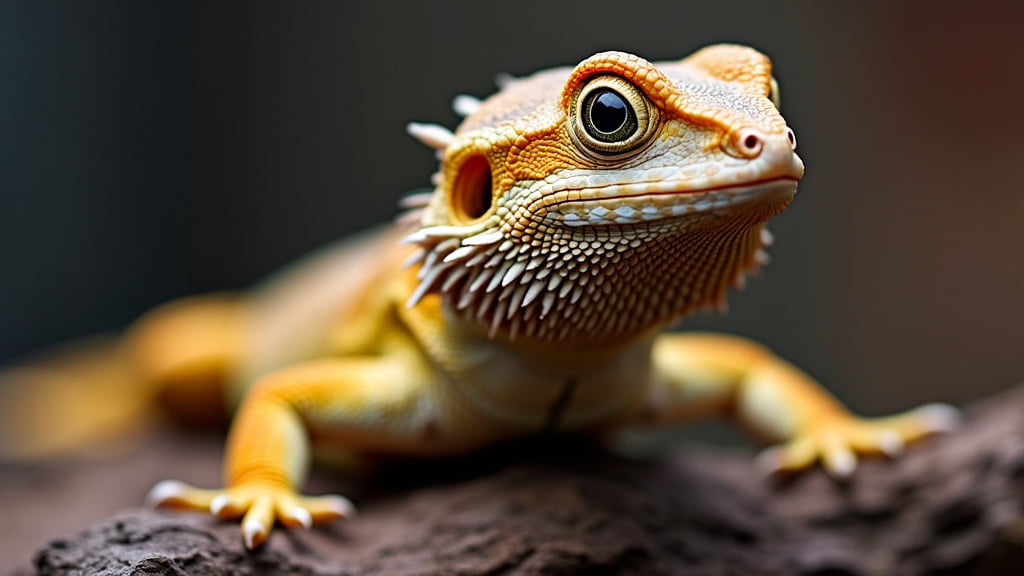 Close-up of a bearded dragon lizard with orange and tan scales, sitting on a piece of wood. The lizard's large, expressive eye, spiky beard, and textured scales are clearly visible against a blurred background.