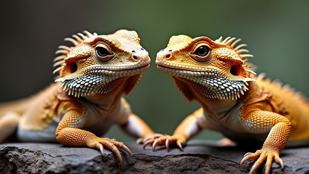 Two small, vividly colored bearded dragons with spiky crests and textured scales sit facing each other on a rock. Their bright orange and yellow hues contrast with the blurred green background.