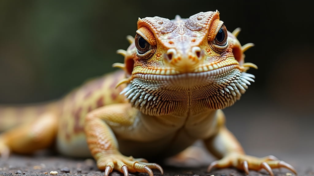 Close-up image of a bearded dragon lizard facing the camera. The lizard has a spiky, scaly beard and rough-textured skin with patterns of yellow, orange, and brown. Its eyes are wide and alert, and it appears to be on a textured surface with a blurred background.