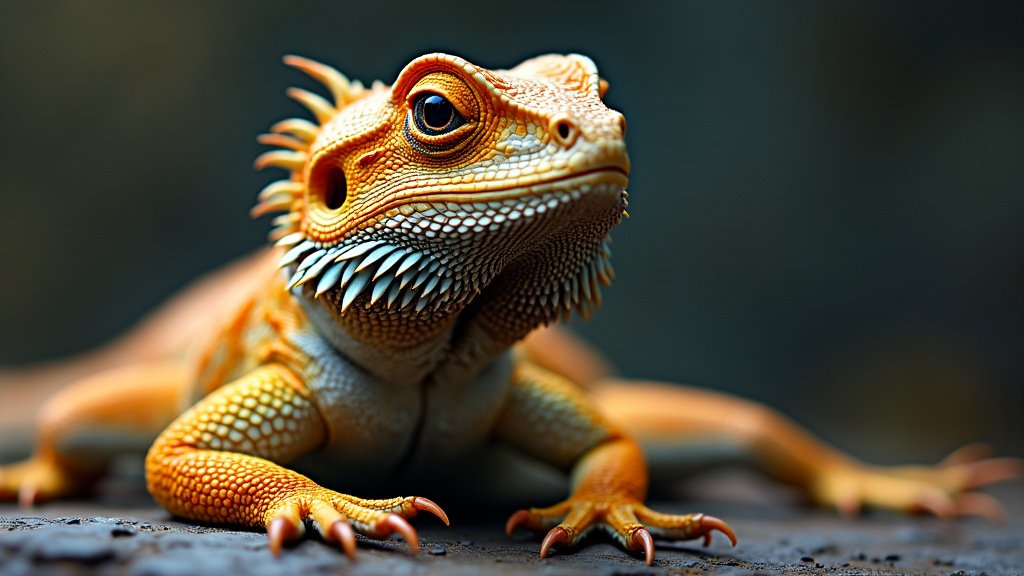 A close-up of a bearded dragon lizard with vibrant orange and yellow scales. The lizard is gazing forward with its textured skin and spiky beard prominently visible. The background is blurred, emphasizing the sharp details of the dragon.