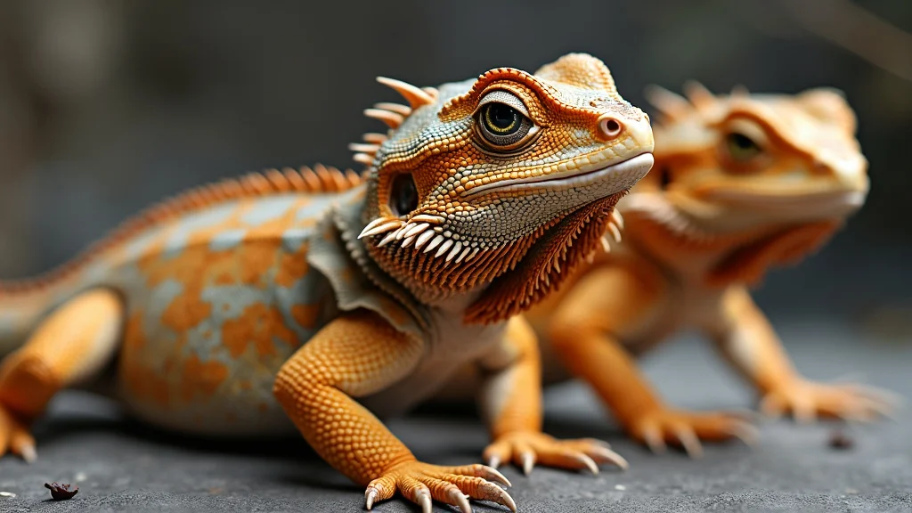 Two bearded dragons, displaying vibrant orange and brown scales, sit side by side on a rock. Their spiny beards and textured skin are highlighted against a blurred dark background. One dragon is prominently in focus while the other is slightly behind.