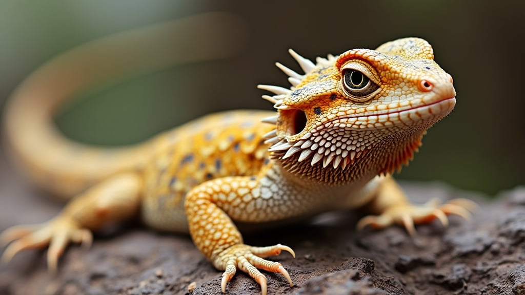 A close-up image of a bearded dragon lizard with orange and yellow scales and a spiky beard. The lizard is perched on a textured rock, with a blurred green background, highlighting its detailed features and curious expression.