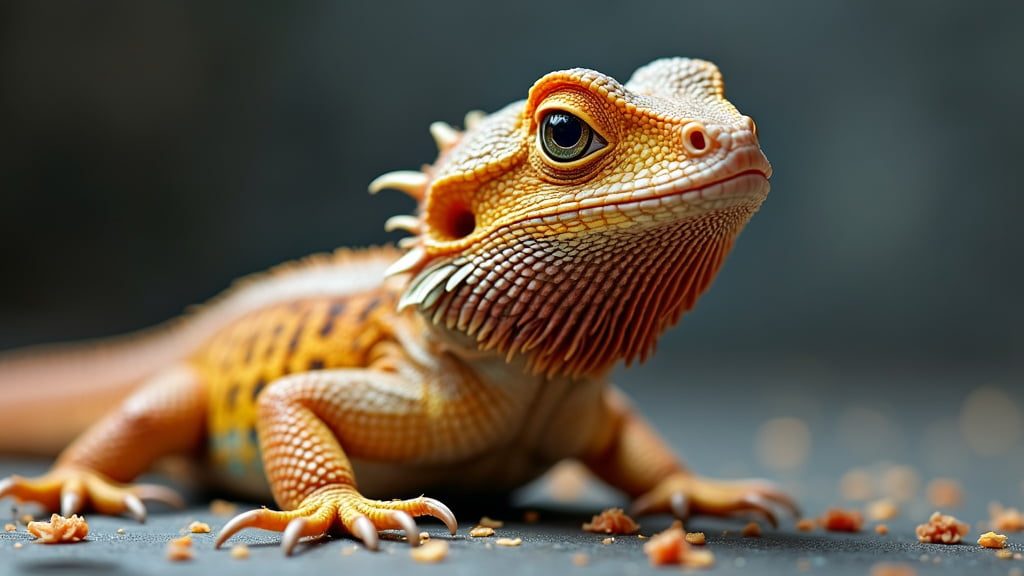 A close-up of a bearded dragon lizard lying on a surface with scattered bits of food around. The lizard has detailed scales, a spiky beard, and an alert expression, with a blue-grey background.