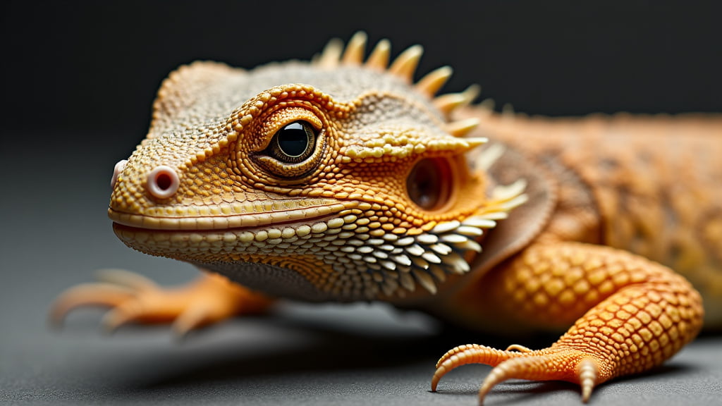 A close-up of a bearded dragon lizard with detailed, textured scales in shades of orange and yellow. The bearded dragon has a calm expression and is set against a dark, blurred background, making its features stand out prominently.