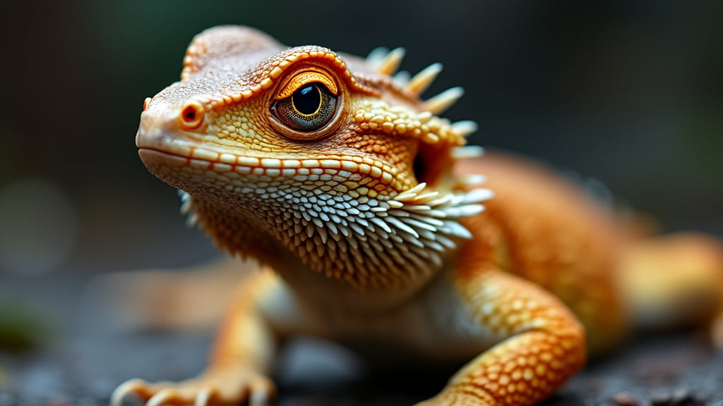 Close-up photograph of a bearded dragon, a type of lizard with orange and yellow scales. The lizard has a prominent, spiky beard and textured skin with scales varying in color. Its large, round eyes and detailed facial features are in sharp focus.