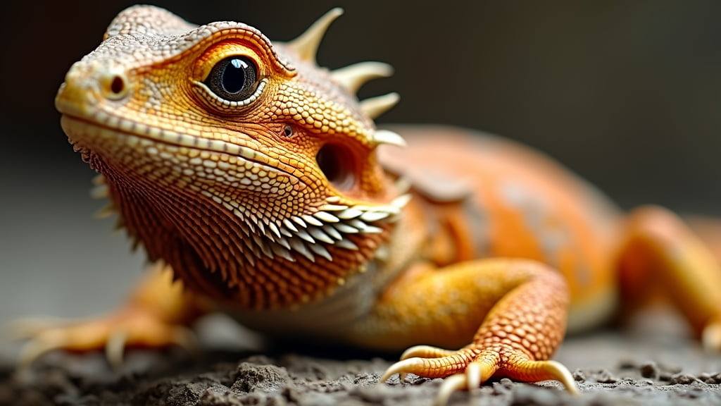 Close-up of a bearded dragon lizard with a vibrant orange and beige body. The lizard has textured scales, sharp, distinct spikes around its head, and a curious expression with wide, bright eyes. It is positioned against a blurred, earthy background.