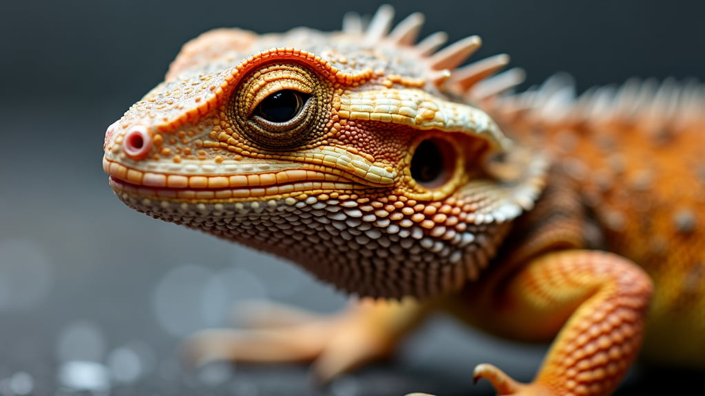 Close-up image of a bearded dragon lizard with intricate, textured scales. The lizard's body displays vibrant hues of orange and yellow, with spiky, ridged details around its head and neck. The background is soft and blurred, making the lizard the focal point.