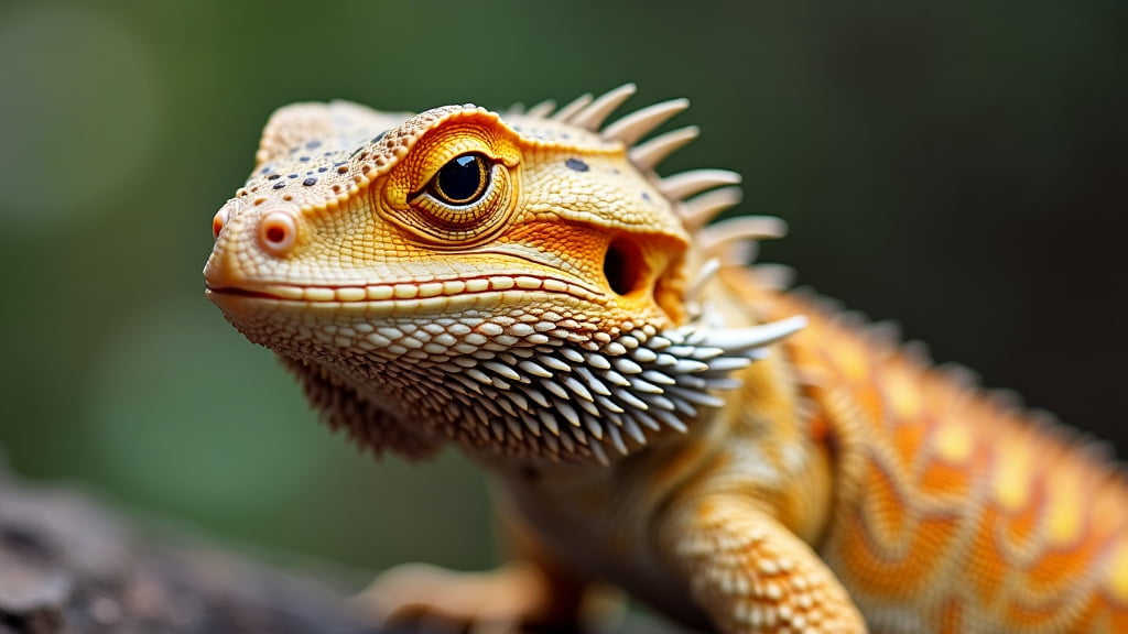 Close-up photograph of a bearded dragon lizard. The lizard showcases bright orange and yellow hues with a distinct pattern on its skin, and features spiky scales under its chin and along its body. The background is blurred greenery.