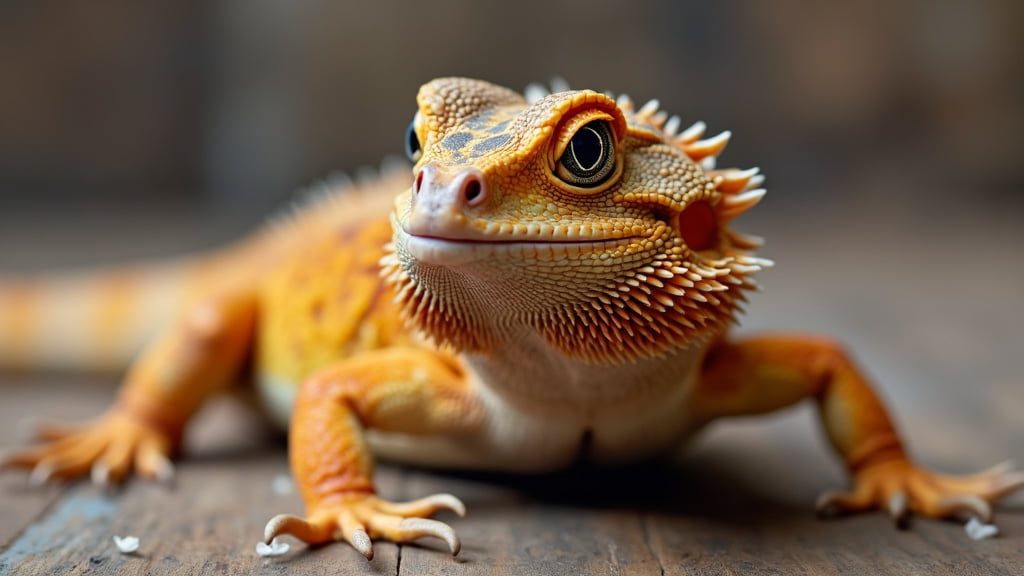 A close-up of a bearded dragon lizard with orange and yellow scales. It has a spiky beard and is resting on a wooden surface, gazing directly at the camera with a curious expression. Small white specks are scattered on the surface around the lizard.