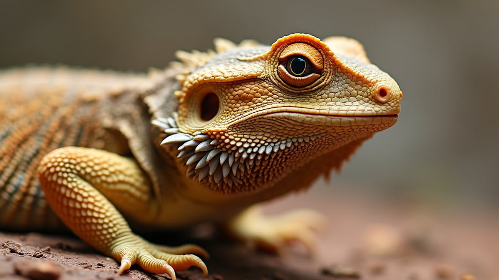 Close-up image of a bearded dragon lizard with detailed focus on its textured skin, spiky beard, and alert eye. The lizard is resting on a brown surface with a blurred green and brown background, highlighting its orange and brown coloration.