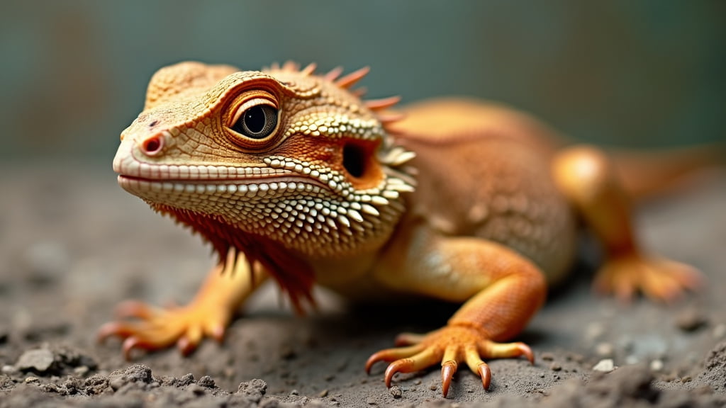 Close-up of an orange and yellow bearded dragon with intricate scales and distinctive spikes on its head, standing alert on a rocky surface. The background is softly blurred, drawing focus to the detailed textures of the lizard.