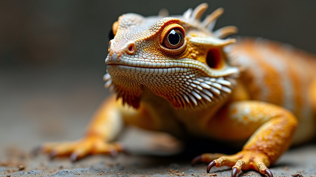 Close-up of a bearded dragon lizard with a detailed view of its scales, large eyes, and spiky beard. The lizard is a mix of orange, brown, and white colors. The background is blurred, highlighting the lizard in sharp focus.