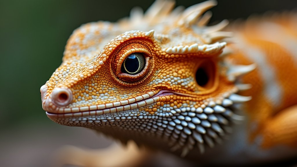 Close-up image of an orange and white bearded dragon lizard with textured skin and sharp, spiky scales. The lizard's large, black eye is prominent, with intricate details visible around its face, showing a calm expression against a blurred green background.