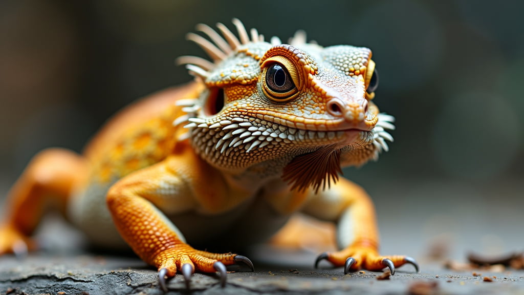 Close-up of a vibrant orange and yellow iguana with detailed, textured scales. The reptile's large eyes and spiky crest are prominently featured, and it is perched on a rock with a blurred background, giving the image a shallow depth of field.