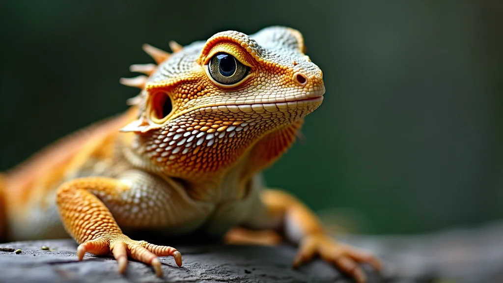 A close-up of a bearded dragon lizard, showcasing its detailed scales, spikes on its head, and piercing eyes. The lizard is predominantly orange with shades of yellow and green, perched on a natural wooden surface, set against a softly blurred green background.