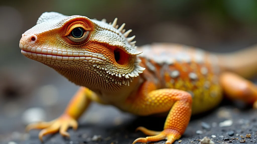 Close-up of a vibrant orange and yellow lizard with a detailed, textured body and spiky scales on its head and back. The lizard's large, expressive eye stands out against its intricate skin patterns as it rests on a smooth, dark surface.