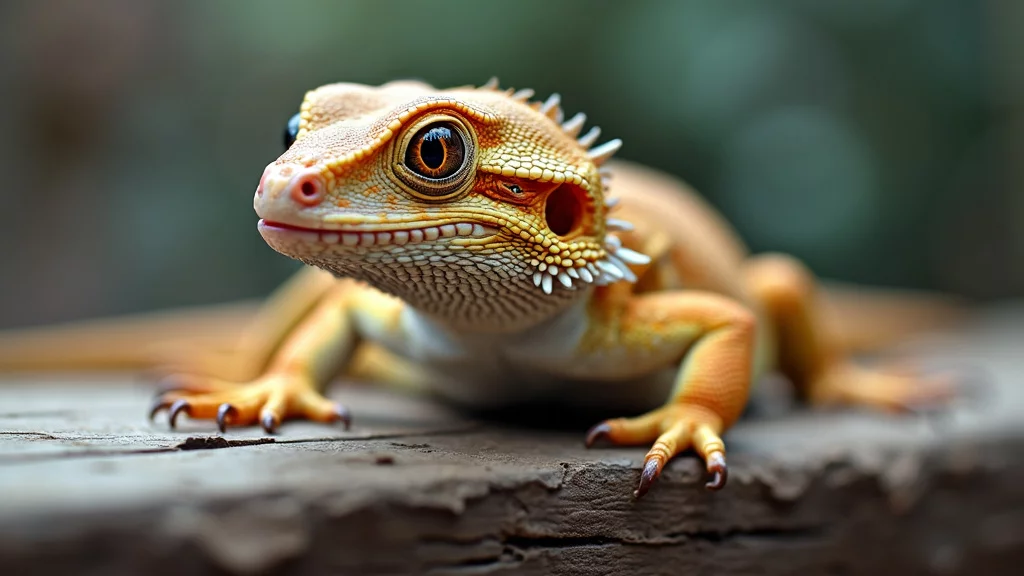 Close-up of a vibrant, orange-toned gecko with large eyes, detailed scales, and small spikes on its head, resting on a wooden surface. The background is blurred, highlighting the gecko as the focal point.