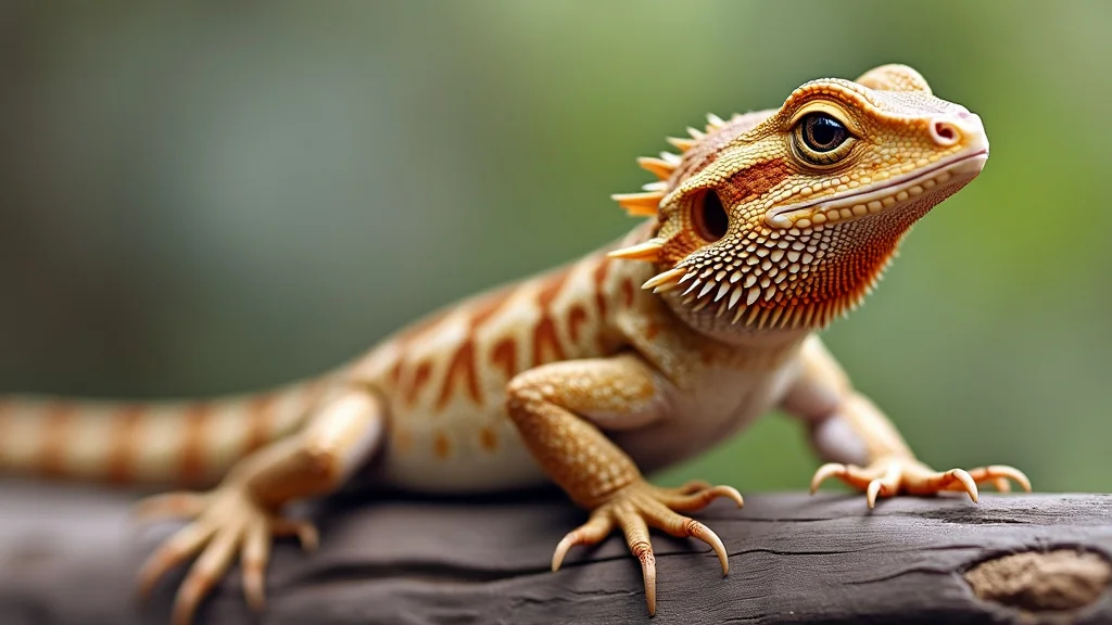 A close-up photo of a small, detailed lizard with a spiky crest and striped pattern on its back, perched on a tree branch. The background is blurred, featuring shades of green. The lizard's eyes are large and expressive, focusing into the distance.