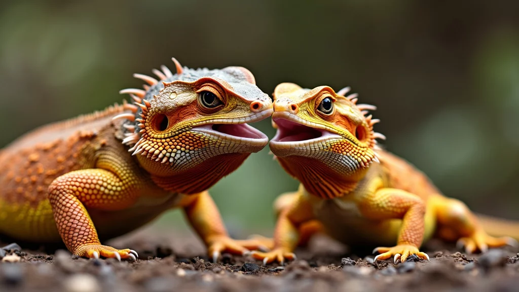 Two vibrantly colored lizards face each other with mouths open, standing on a rocky surface. Their scales are a mix of orange, yellow, and white hues, with prominent spines along their backs and faces, set against a blurred green and brown background.