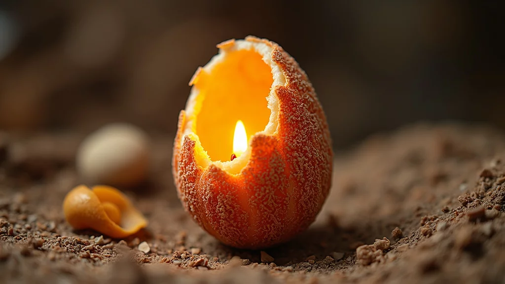 A partially hollowed orange rind with a lit candle inside rests on a brown, textured surface. The orange rind appears slightly frosted, adding a rustic charm. Nearby, a rolled orange peel and a small pebble add to the scene's natural appearance.