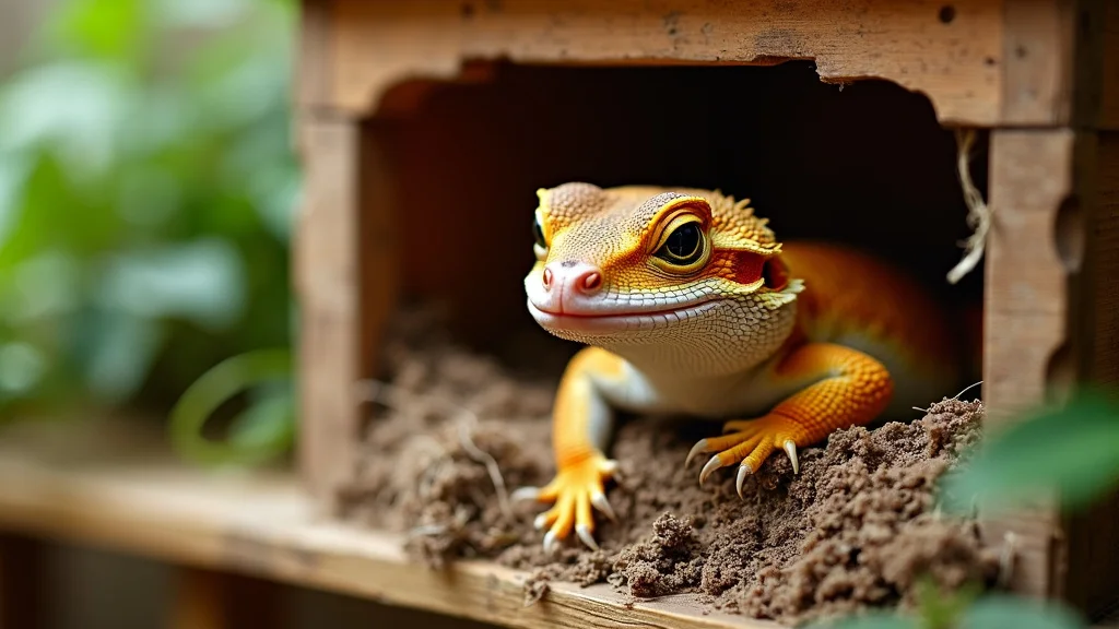 A vibrant orange and yellow gecko with distinct markings peeks out from a wooden shelter, resting on brown soil. Green foliage blurs in the background, adding a natural touch to the scene.