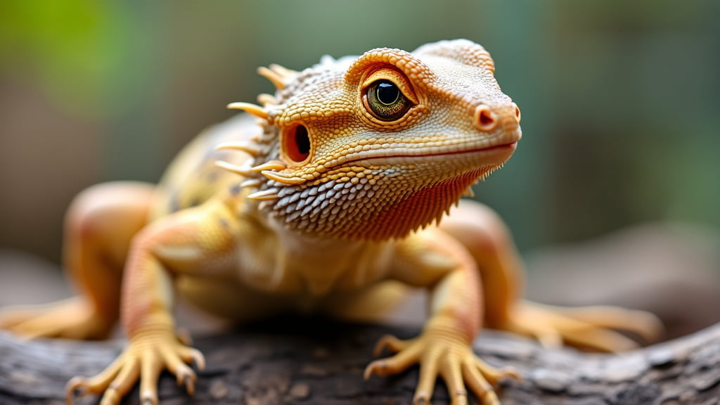 Close-up of a bearded dragon lizard with orange and yellow hues, sitting on a log. The lizard's spiky beard and textured scales are prominently visible. The background is softly blurred, highlighting the lizard's features.