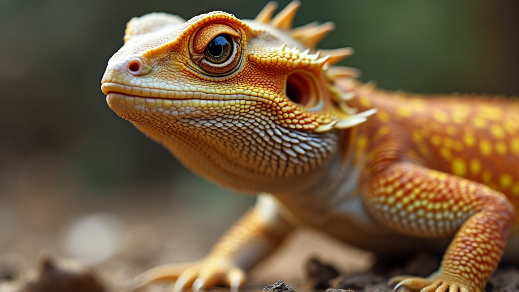 Close-up image of an orange and yellow lizard with textured scales, large round eyes, and spiky ridges along its back. The lizard's intricate patterns and detailed features are clearly visible against a blurred natural background.