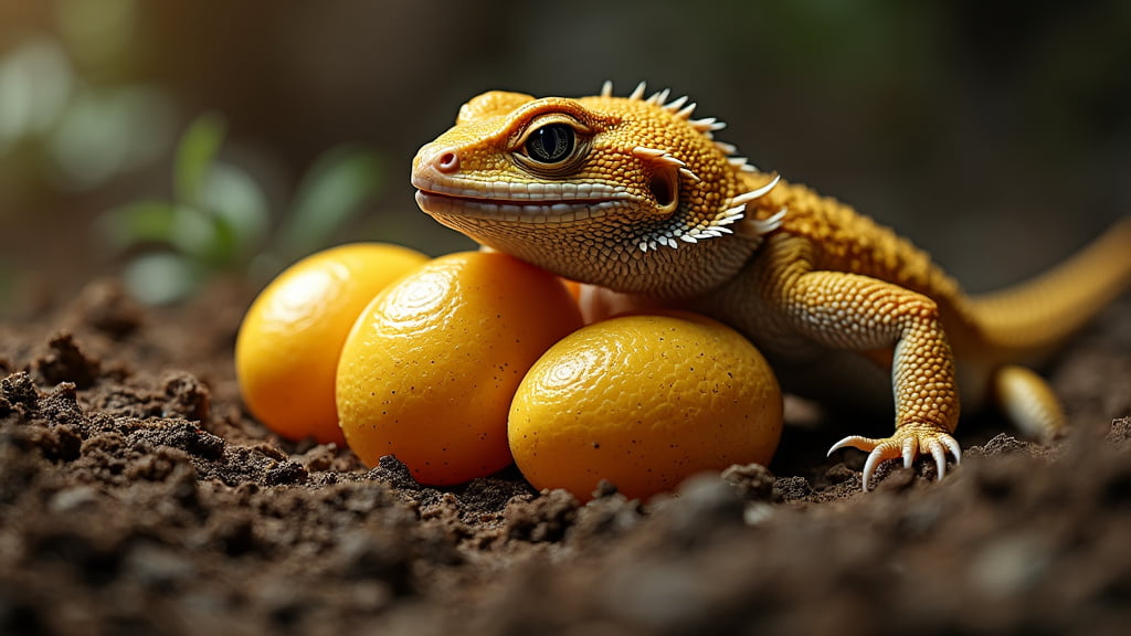 A small orange lizard with a spiky crest sits on soil next to three yellow eggs. The background is blurred, emphasizing the lizard and eggs. The scene is bathed in natural light, giving a warm and serene atmosphere.