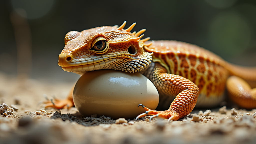 A small, orange-spotted lizard lies on sandy ground, resting its head on a shiny, smooth egg. The lizard has prominent eyes and detailed, textured scales. The image is bathed in natural light, highlighting the intricate patterns and colors of the lizard and egg.