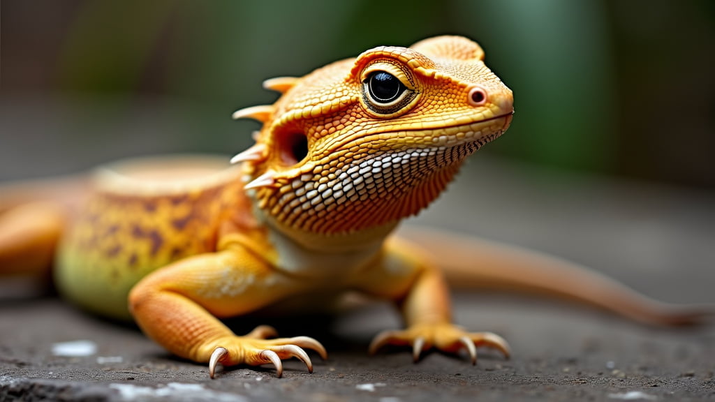 A close-up shot of a vibrant bearded dragon lizard with striking orange and yellow coloring, perched on a flat surface. The lizard's intricate scales and bright, alert eyes are prominently visible, showcasing its detailed texture and expressive face.