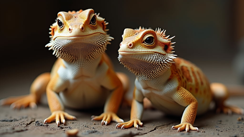 Two bearded dragons with spiky, textured skin and orange hues sit on a wooden surface. Their eyes are focused and alert, with their heads slightly tilted. The background is blurred, emphasizing the details of the lizards.