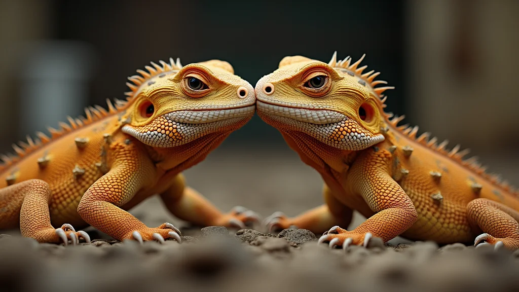 Two orange-beige bearded dragons face each other, displaying intense gaze and similar postures. Their rough, textured skin and distinctive spikes are highlighted against a blurred background, creating a striking symmetry and focus.