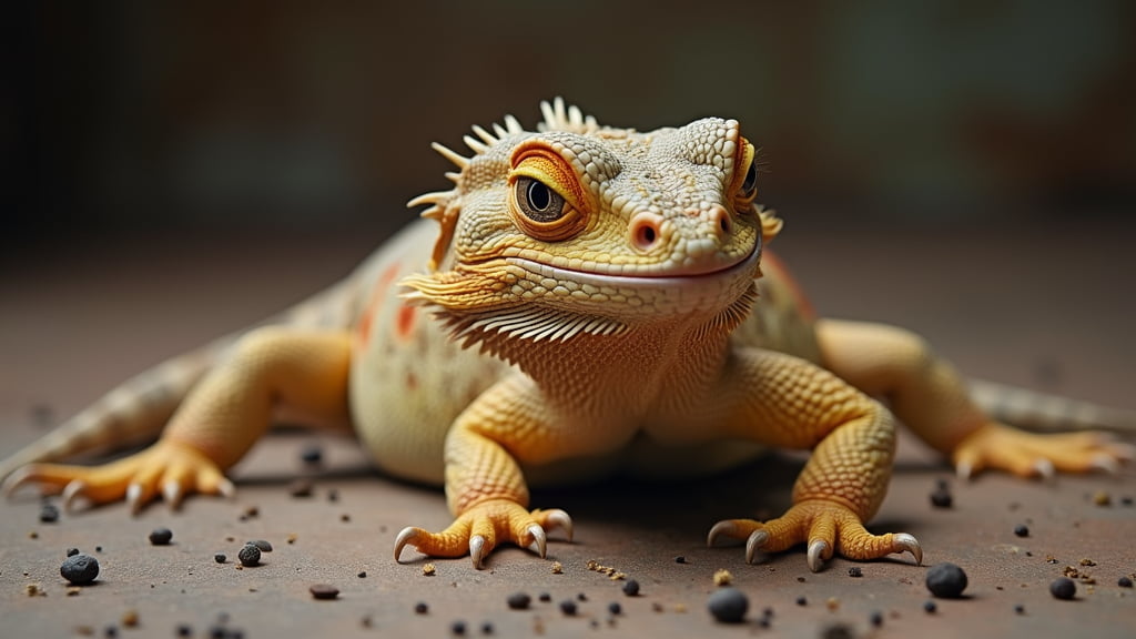 A close-up of a bearded dragon lizard with its body stretched out on a textured surface. The lizard has a spiky crest around its head and mottled coloration of yellow, orange, and brown. Small pebbles are scattered around on the surface.