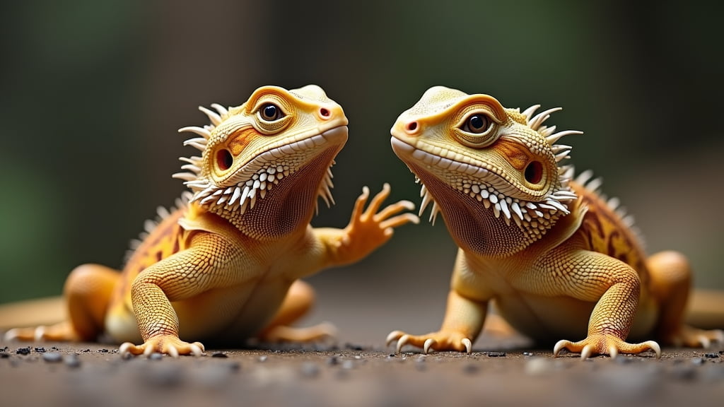 Two brightly colored bearded dragons facing each other on a flat outdoor surface. One appears to be extending its front leg towards the other, while both have vibrant orange and yellow hues with intricate patterns and spiky fringes on their heads.