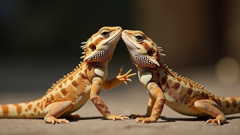 Two orange and brown bearded dragons face each other closely, appearing to be in a gentle interaction or playful stance. Their sharp, distinctive reptilian features are clearly visible against a blurred natural background.