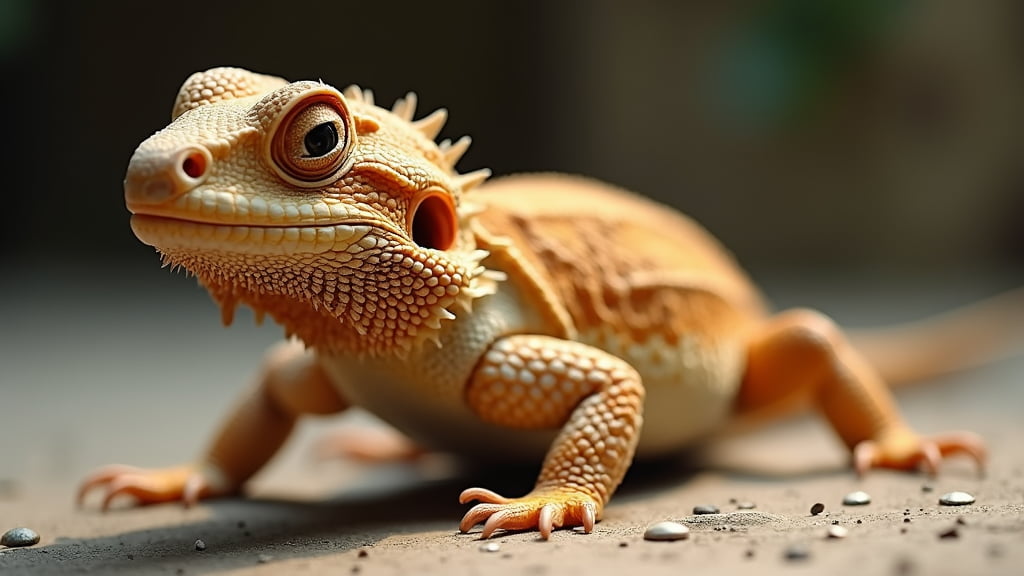 A close-up shot of a bearded dragon lizard on a textured surface. The lizard has a vibrant orange and yellow scale pattern with pronounced ridges and spines along its sides. Its large, curious eyes are focused directly at the camera, and small pebbles surround it.